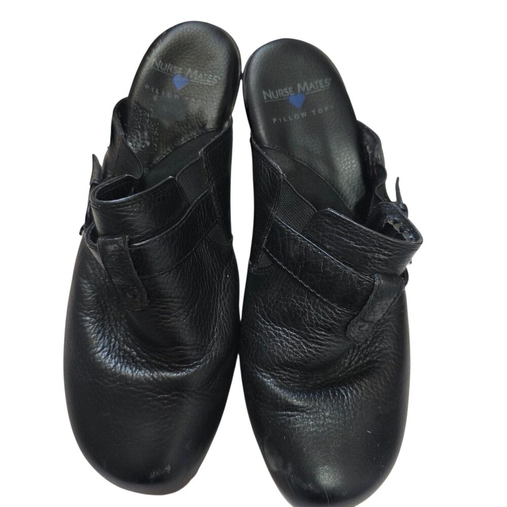 Nurse Mates Black Leather Clogs Mule Buckle Strap Comfort Shoes Womens Size 8